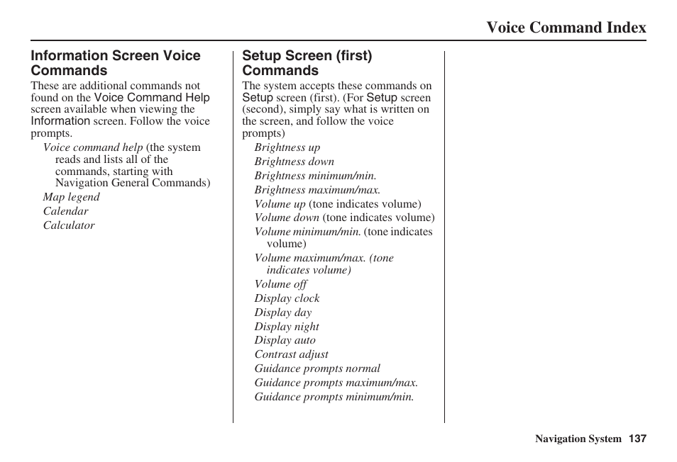 Voice command index | HONDA 2008 Civic Hybrid 00X31-SNC-8100 User Manual | Page 138 / 146