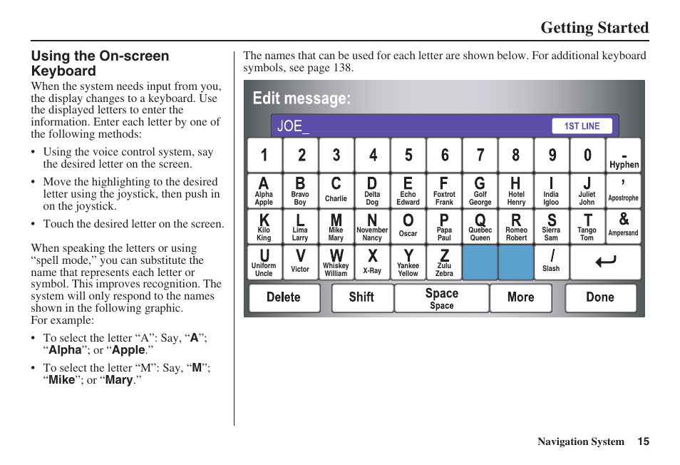 Getting started, Using the on-screen keyboard | HONDA 2008 Civic Hybrid 00X31-SNC-8100 User Manual | Page 16 / 146