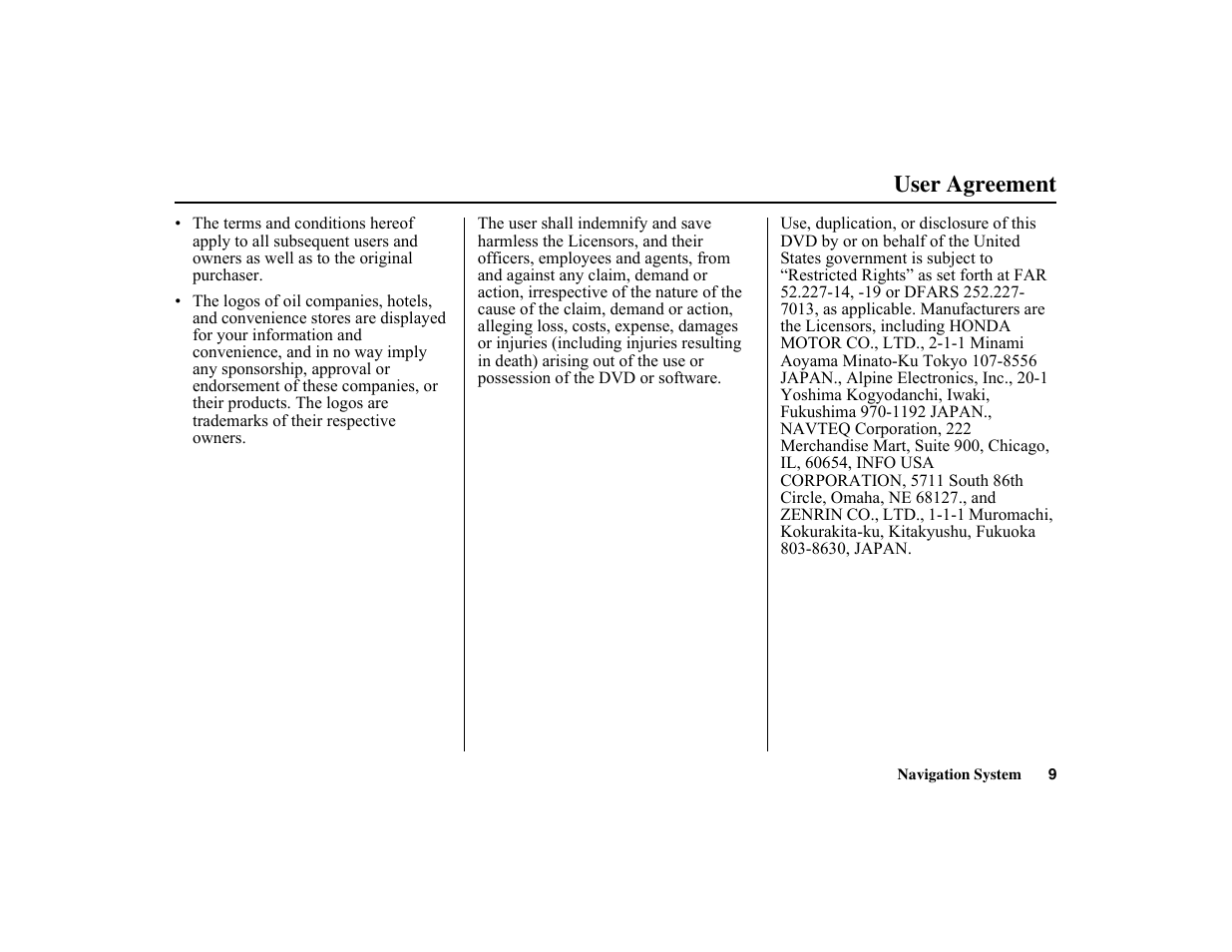 User agreement | HONDA 2010 Insight Navigation User Manual | Page 10 / 153