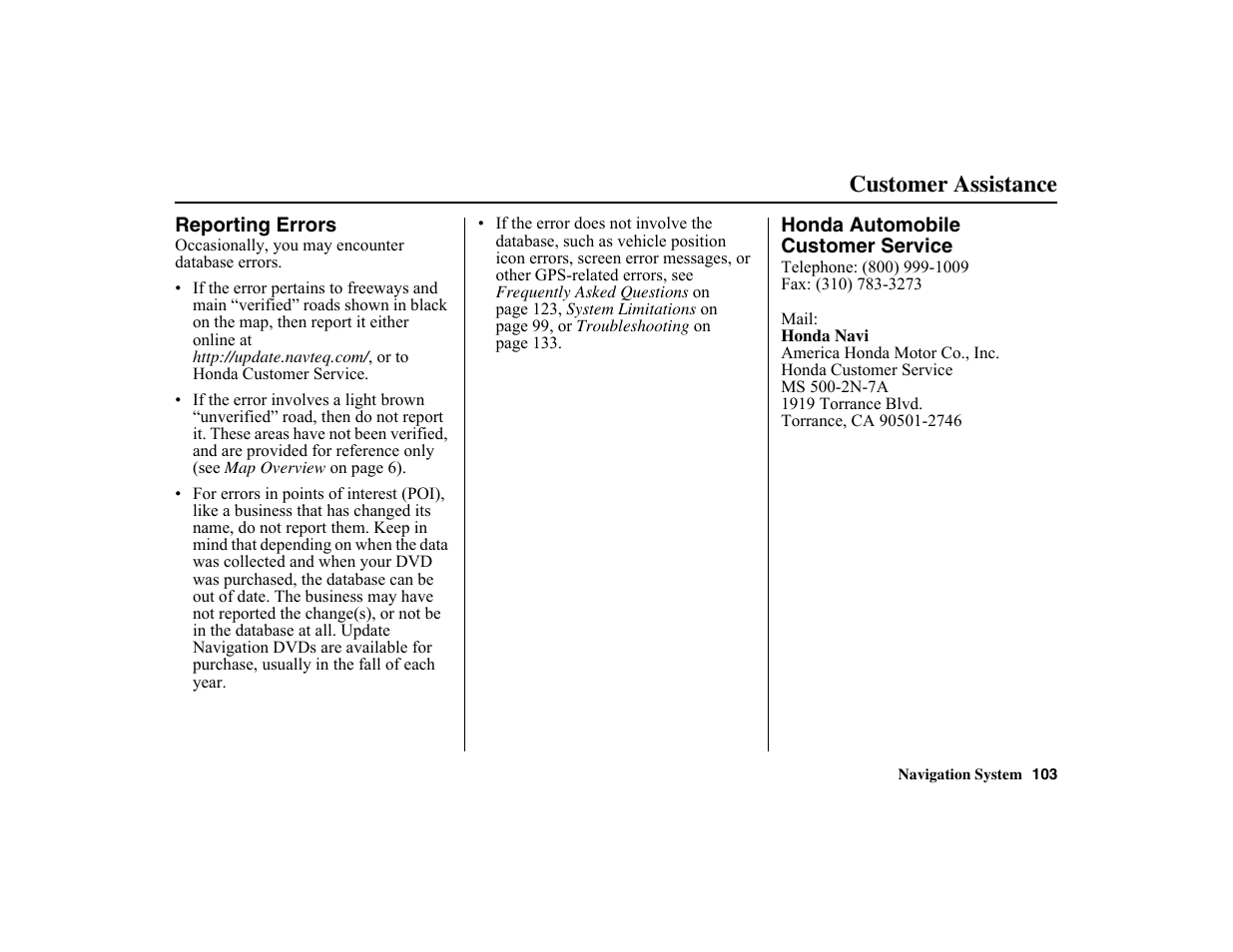 Customer assistance | HONDA 2010 Insight Navigation User Manual | Page 104 / 153