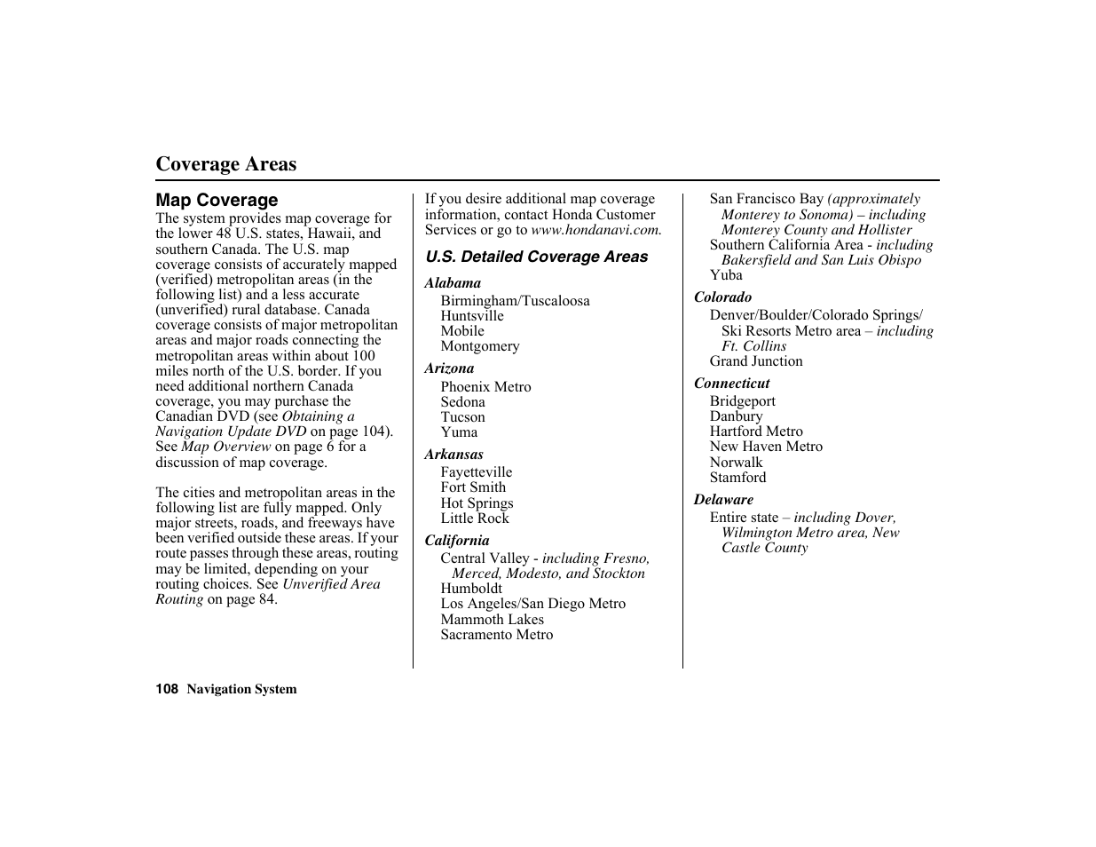 Coverage areas | HONDA 2010 Insight Navigation User Manual | Page 109 / 153