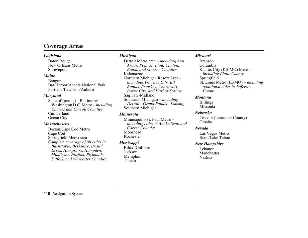 Coverage areas | HONDA 2010 Insight Navigation User Manual | Page 111 / 153