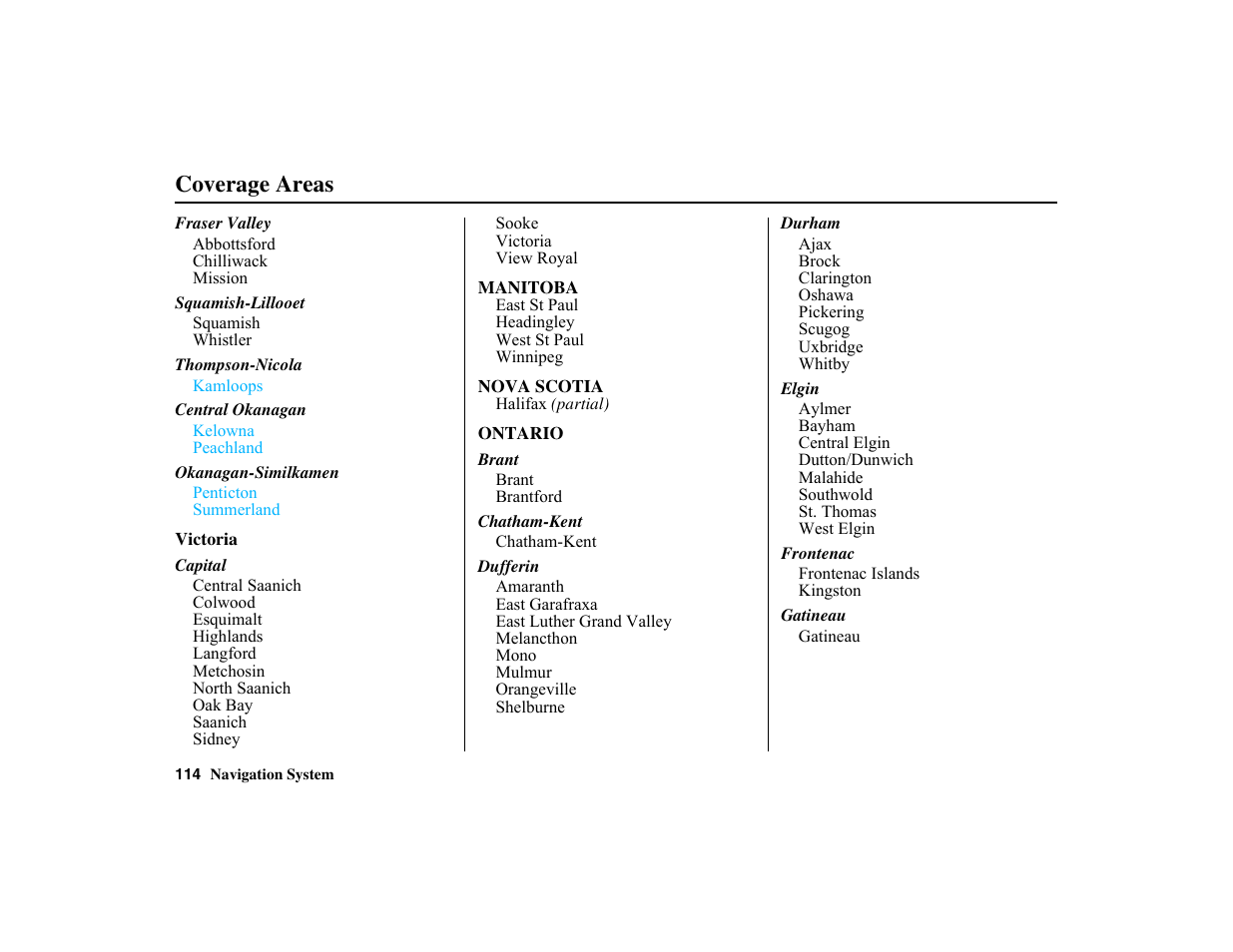 Coverage areas | HONDA 2010 Insight Navigation User Manual | Page 115 / 153