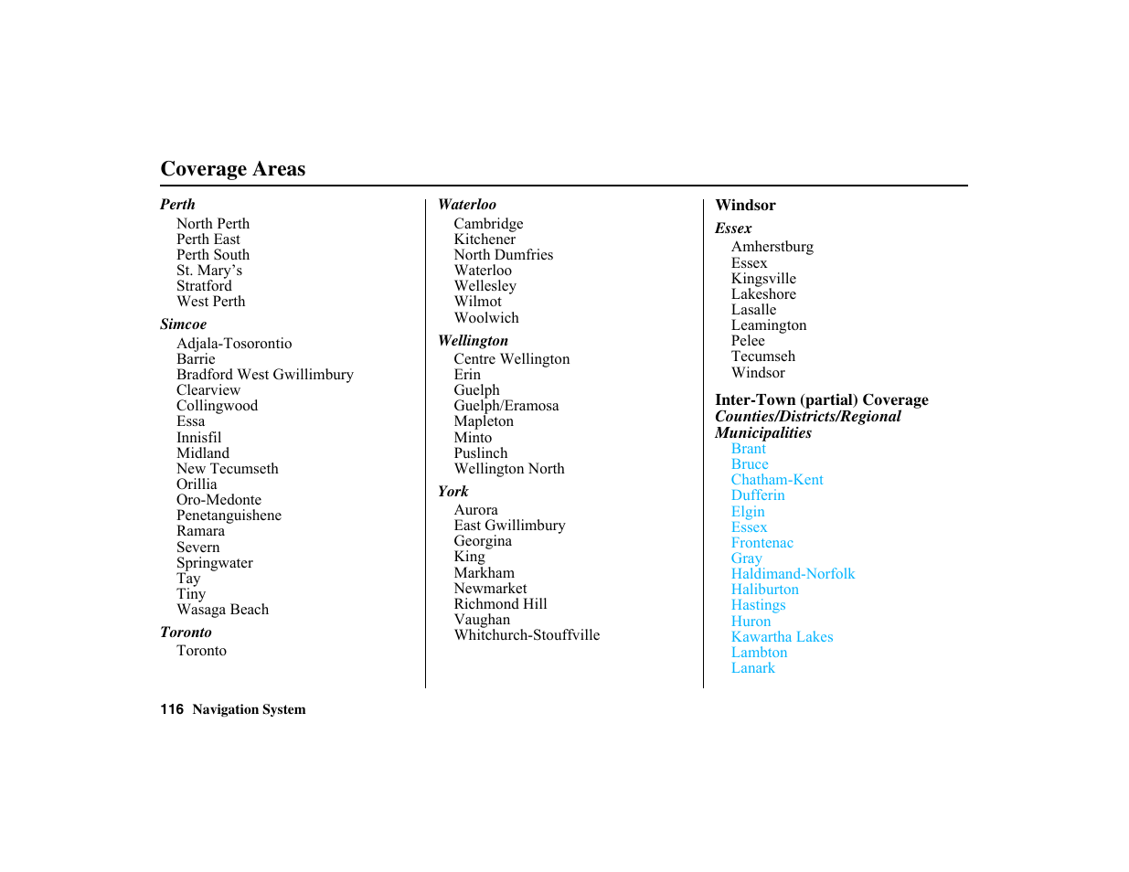 Coverage areas | HONDA 2010 Insight Navigation User Manual | Page 117 / 153