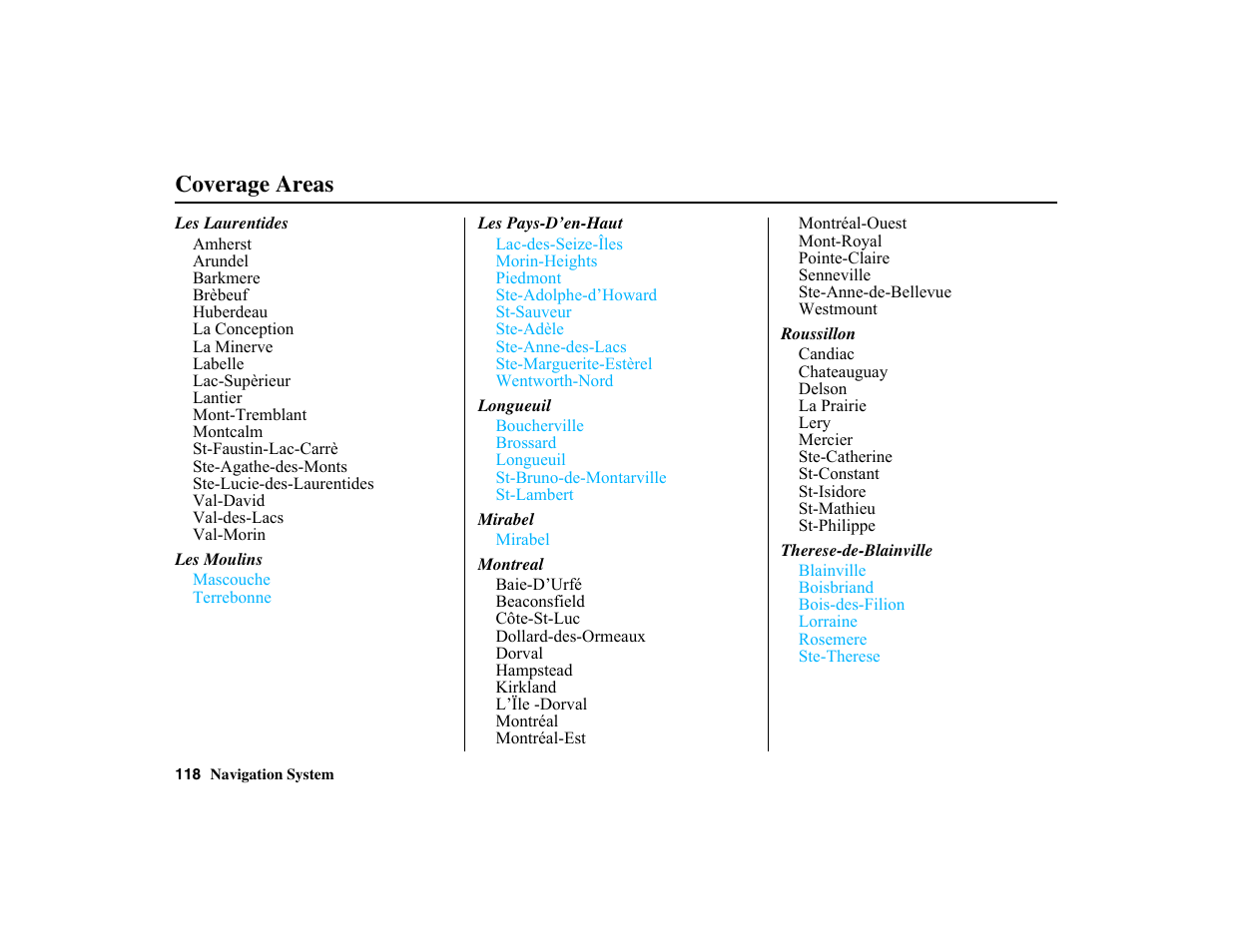 Coverage areas | HONDA 2010 Insight Navigation User Manual | Page 119 / 153