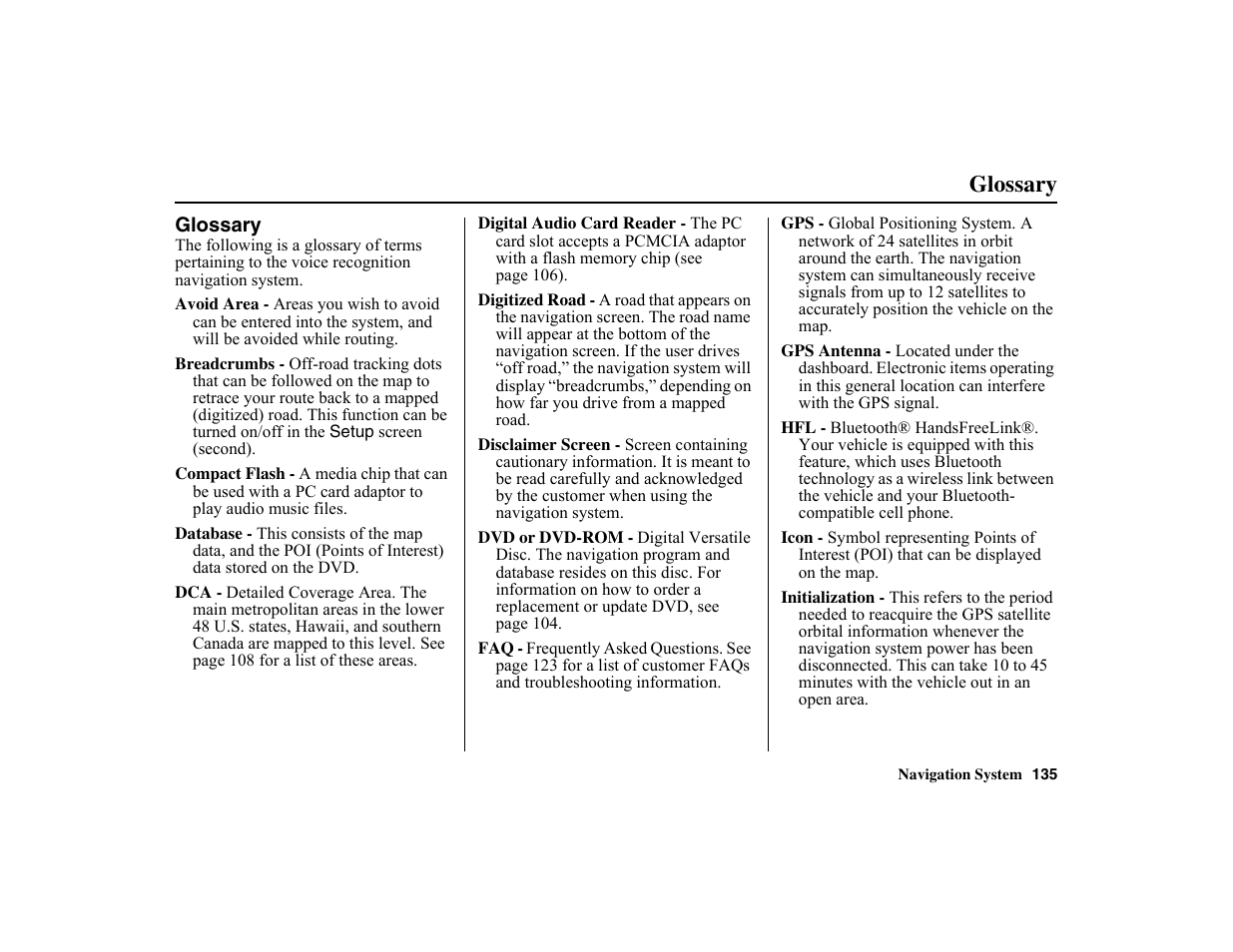 Glossary | HONDA 2010 Insight Navigation User Manual | Page 136 / 153