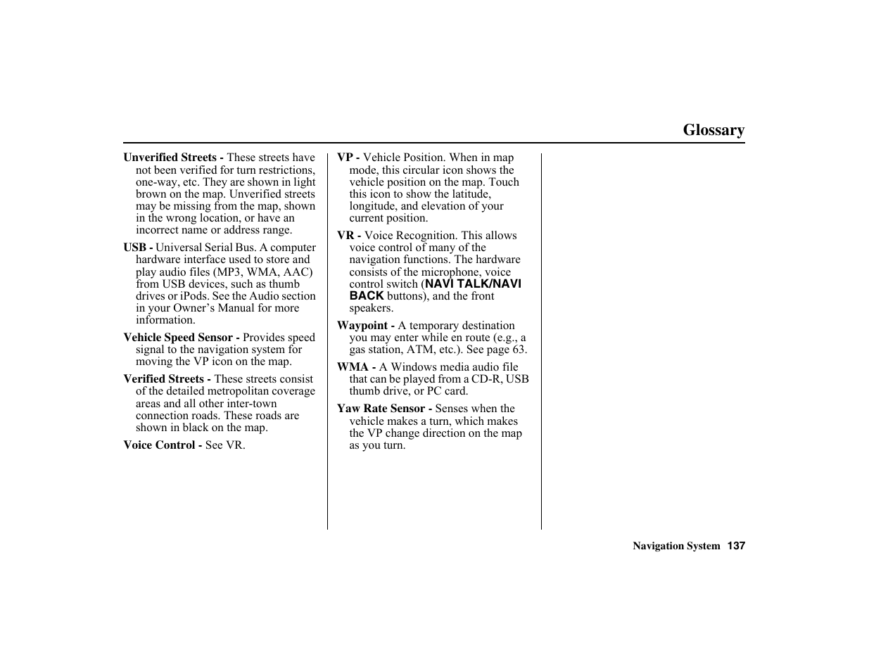 Glossary | HONDA 2010 Insight Navigation User Manual | Page 138 / 153
