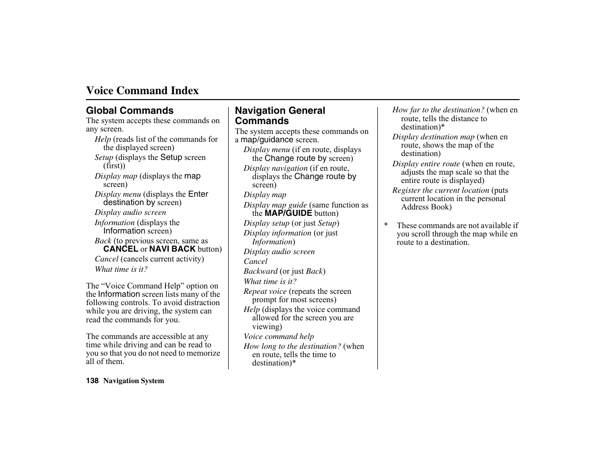 Voice command index | HONDA 2010 Insight Navigation User Manual | Page 139 / 153