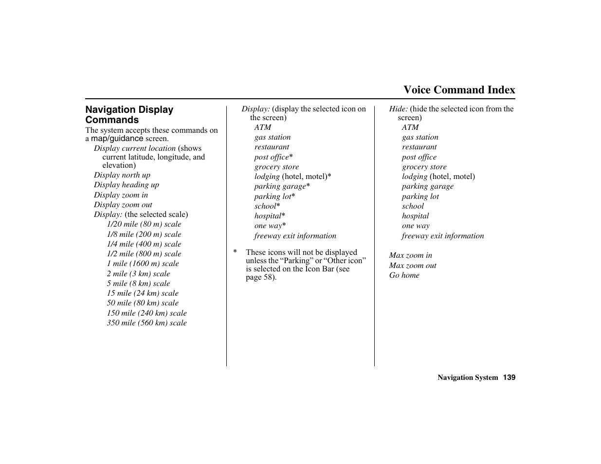 Voice command index | HONDA 2010 Insight Navigation User Manual | Page 140 / 153