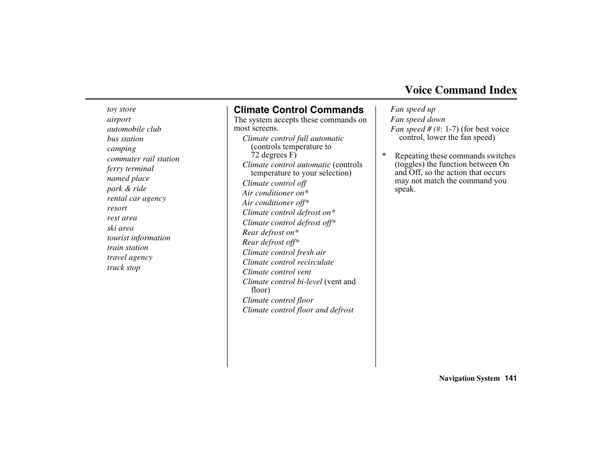 Voice command index | HONDA 2010 Insight Navigation User Manual | Page 142 / 153