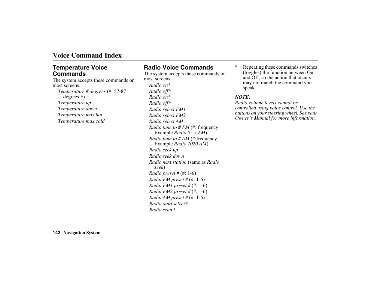 Voice command index | HONDA 2010 Insight Navigation User Manual | Page 143 / 153