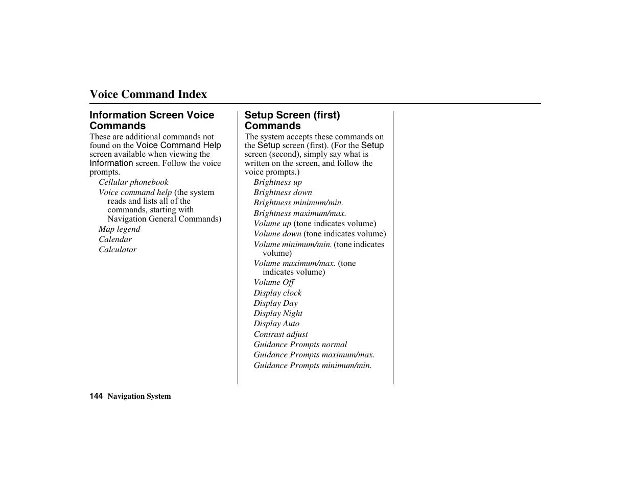Voice command index | HONDA 2010 Insight Navigation User Manual | Page 145 / 153