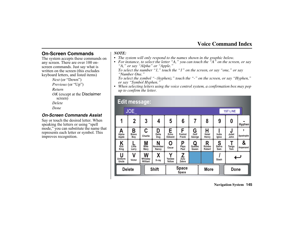 Voice command index, On-screen commands | HONDA 2010 Insight Navigation User Manual | Page 146 / 153