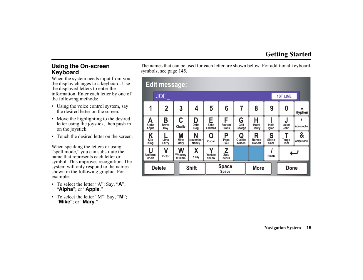 Getting started, Using the on-screen keyboard | HONDA 2010 Insight Navigation User Manual | Page 16 / 153