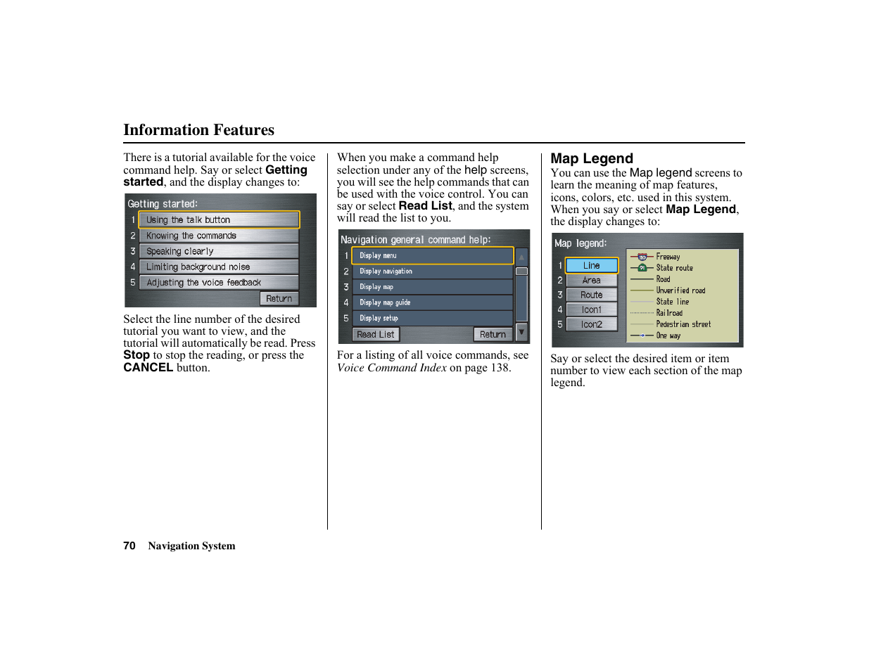 Information features | HONDA 2010 Insight Navigation User Manual | Page 71 / 153