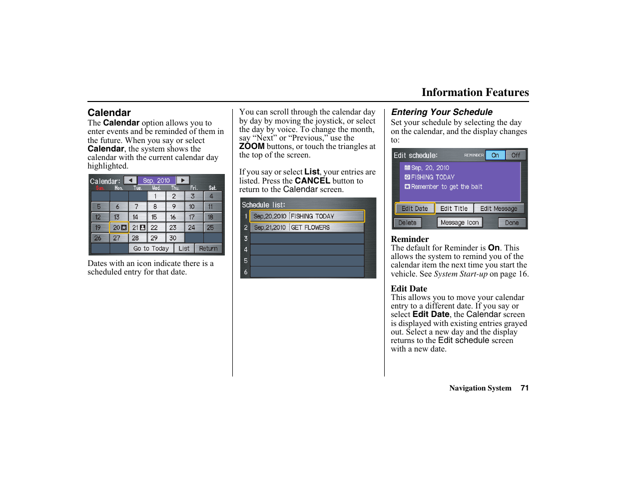 Information features | HONDA 2010 Insight Navigation User Manual | Page 72 / 153