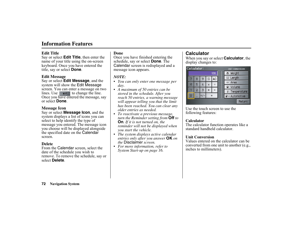 Information features | HONDA 2010 Insight Navigation User Manual | Page 73 / 153