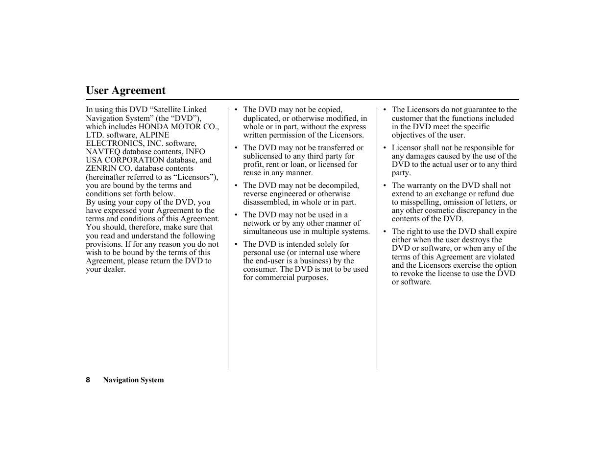 User agreement | HONDA 2010 Insight Navigation User Manual | Page 9 / 153