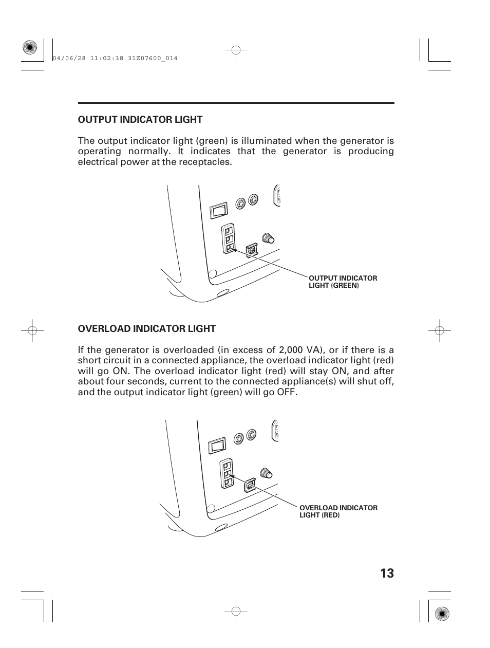 Output indicator light, Overload indicator light | HONDA EU2000i User Manual | Page 15 / 63