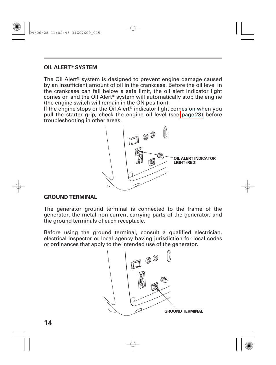 Oil alert system, Ground terminal | HONDA EU2000i User Manual | Page 16 / 63