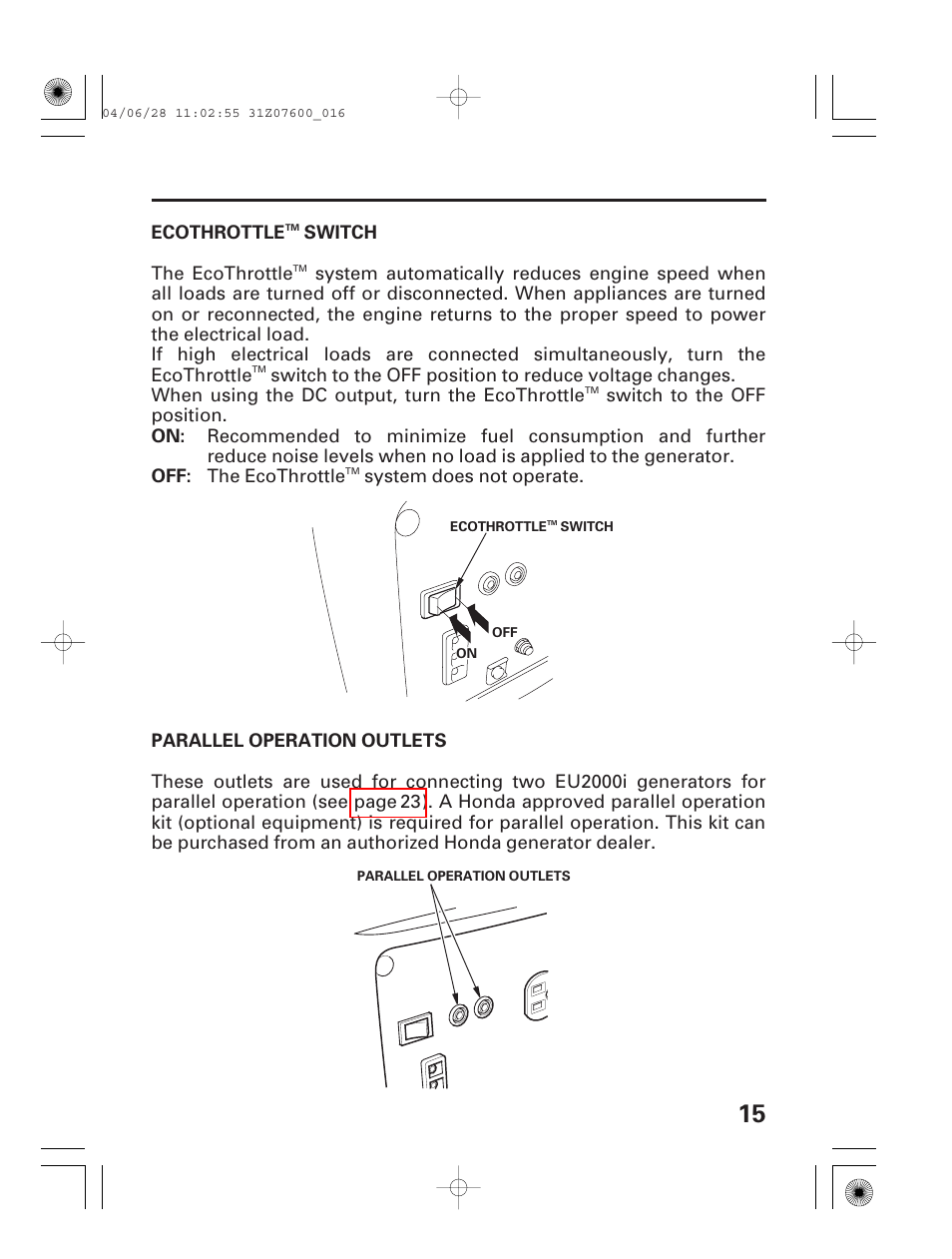 Ecothrottle switch, Parallel operation outlets | HONDA EU2000i User Manual | Page 17 / 63