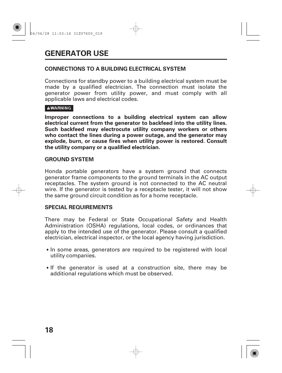 Connections to a building electrical system, Generator use, 18 generator use | HONDA EU2000i User Manual | Page 20 / 63