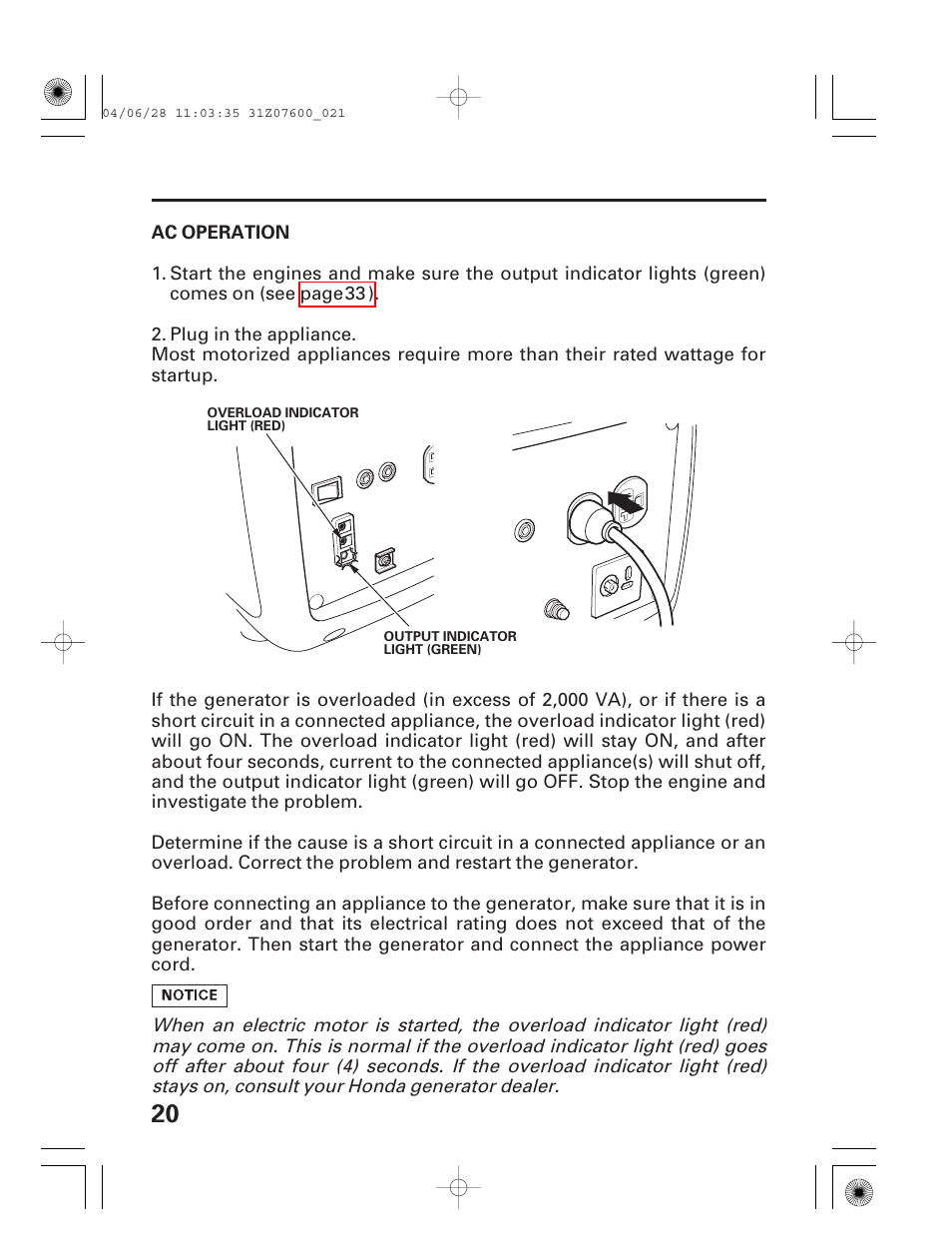 Ac operation | HONDA EU2000i User Manual | Page 22 / 63