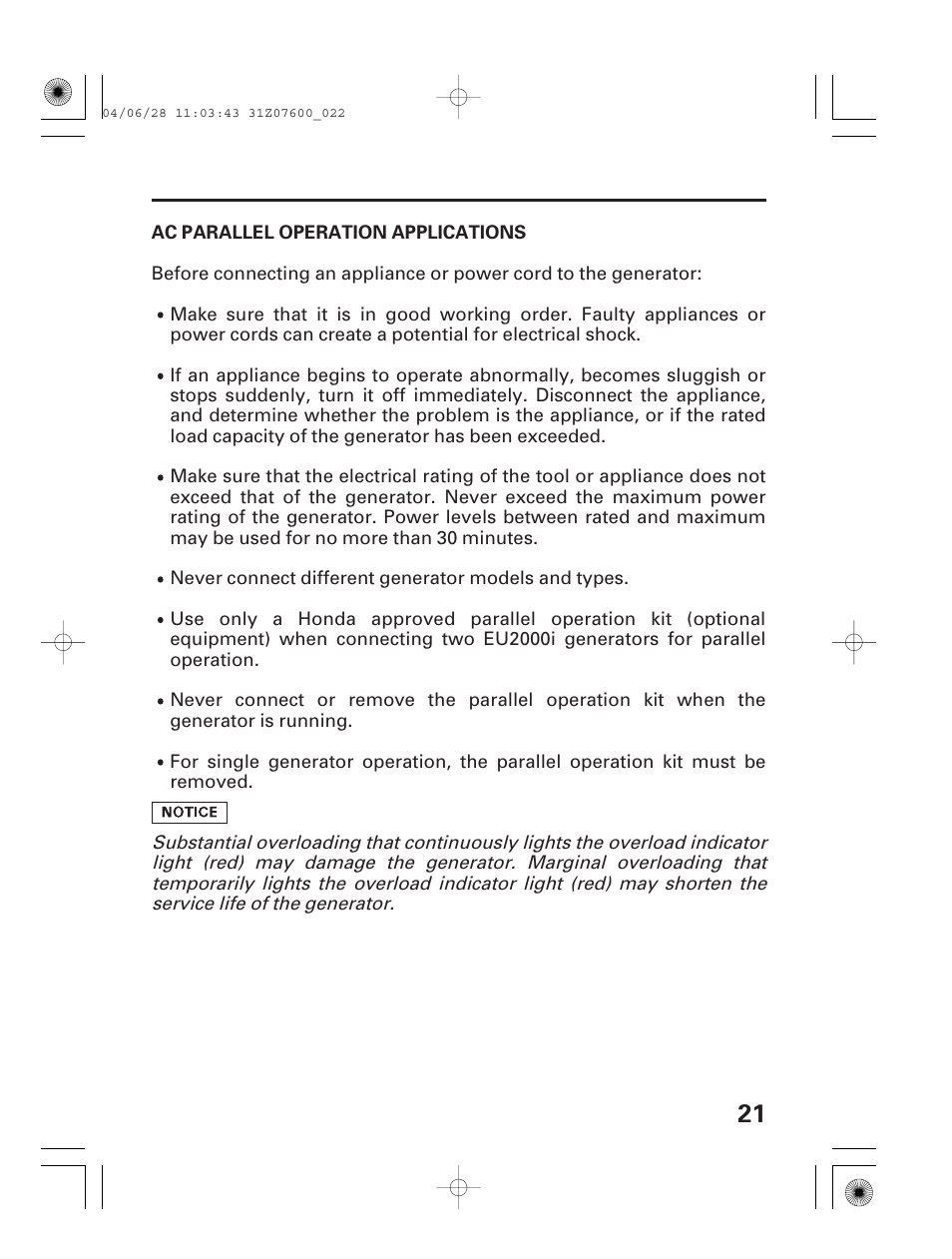 Ac parallel operation applications | HONDA EU2000i User Manual | Page 23 / 63