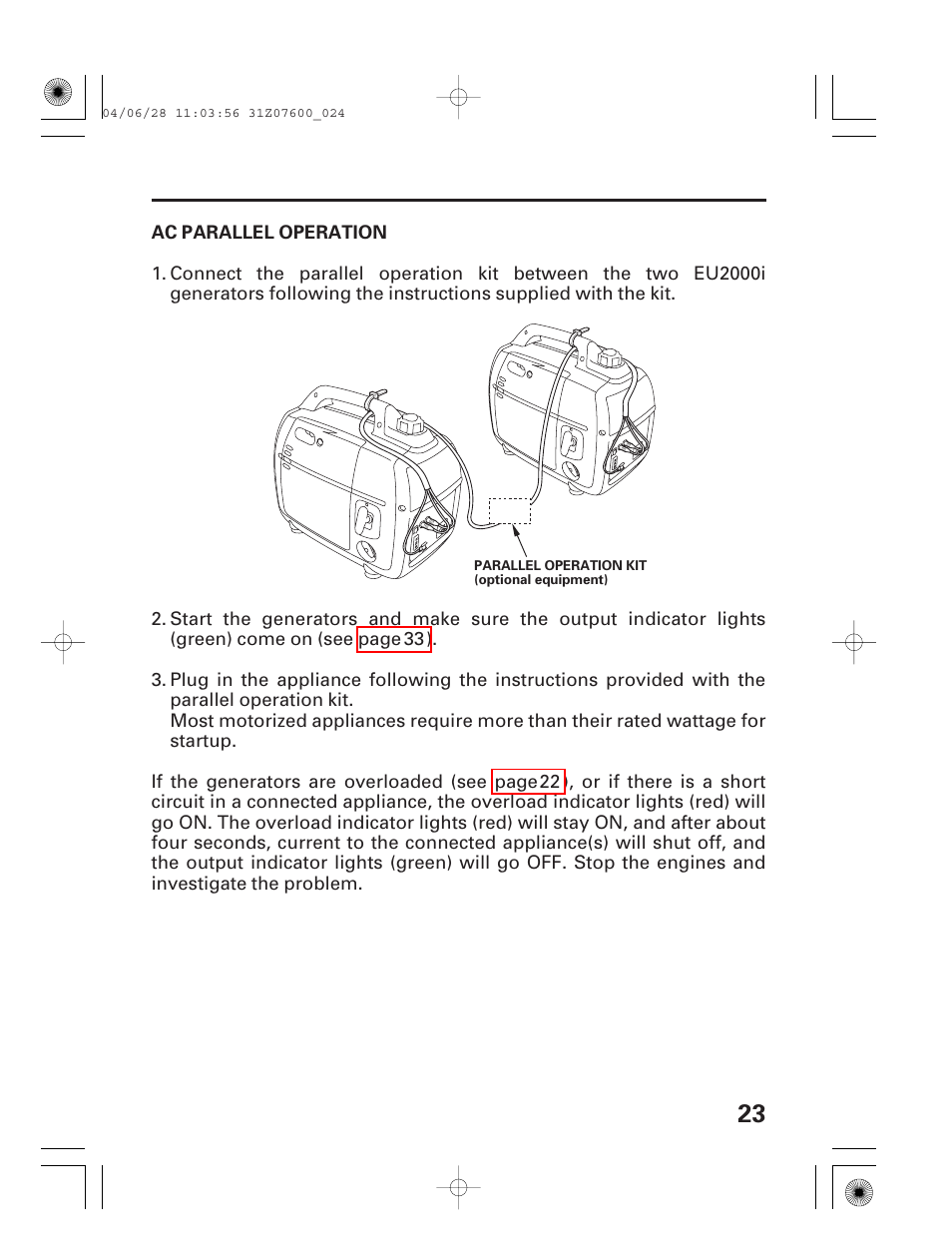 Ac parallel operation | HONDA EU2000i User Manual | Page 25 / 63