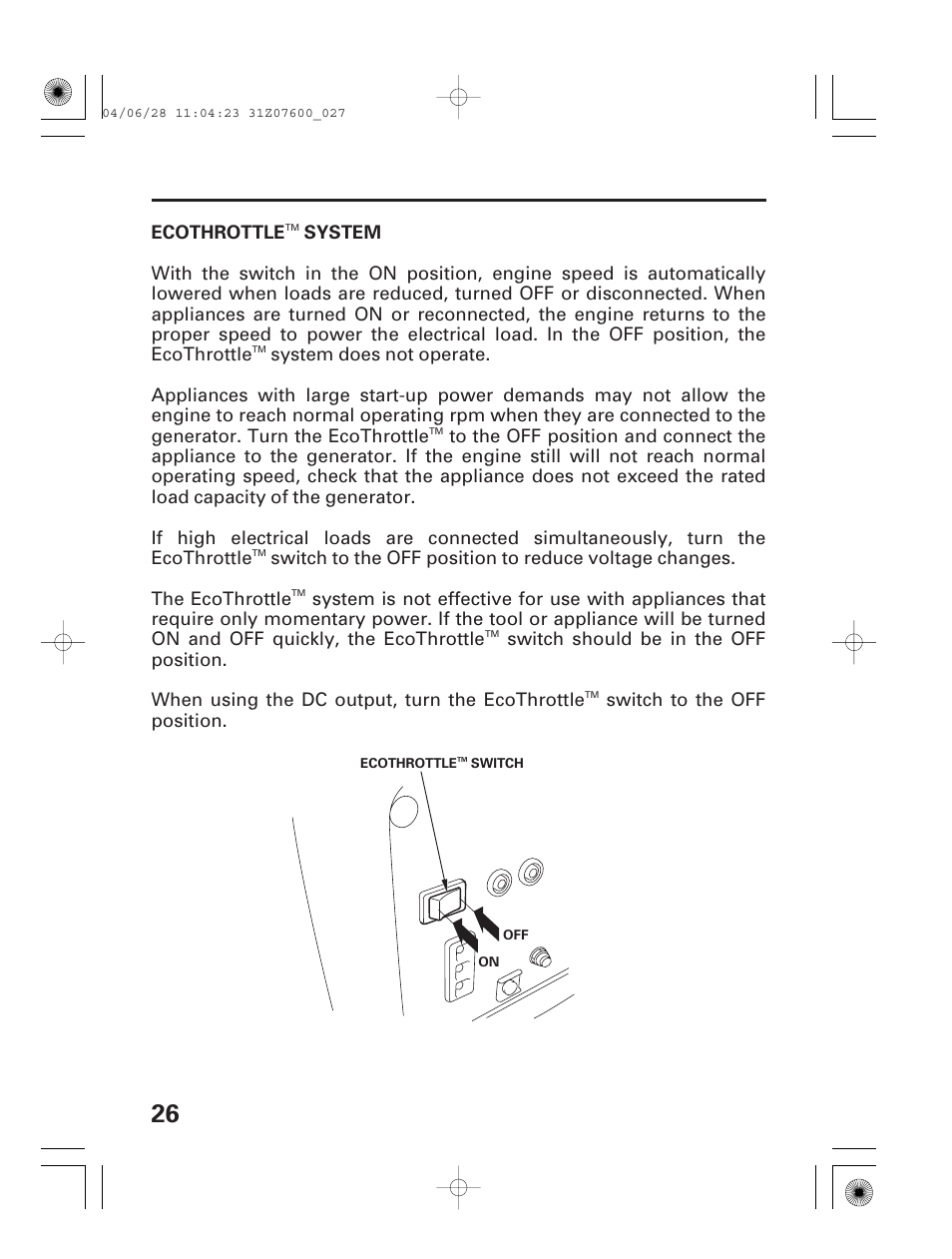 Ecothrottle system | HONDA EU2000i User Manual | Page 28 / 63