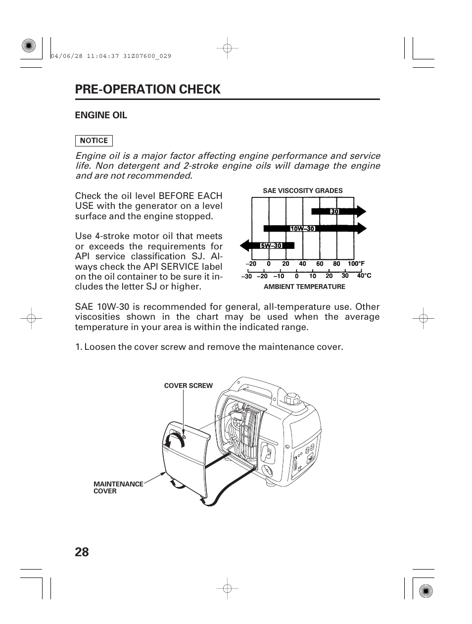 Pre-operation check, Engine oil, 28 pre-operation check | HONDA EU2000i User Manual | Page 30 / 63