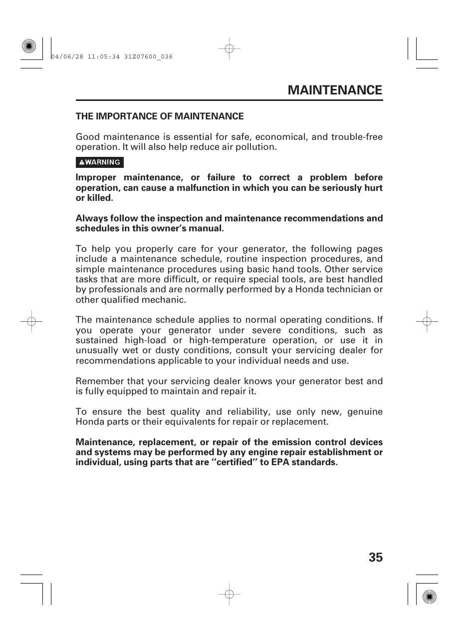 The importance of maintenance, Maintenance, 35 maintenance | HONDA EU2000i User Manual | Page 37 / 63