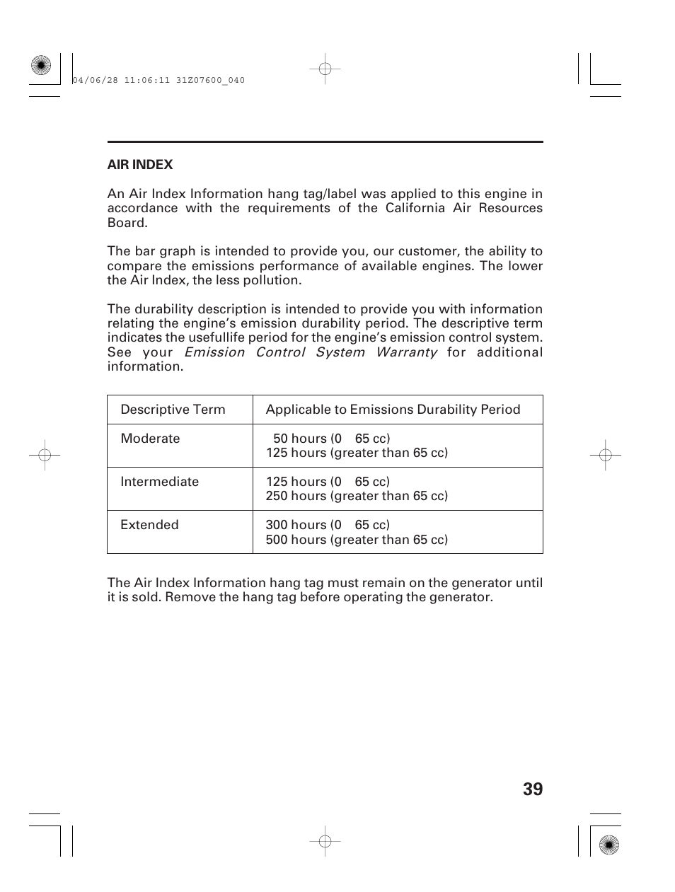 Air index | HONDA EU2000i User Manual | Page 41 / 63