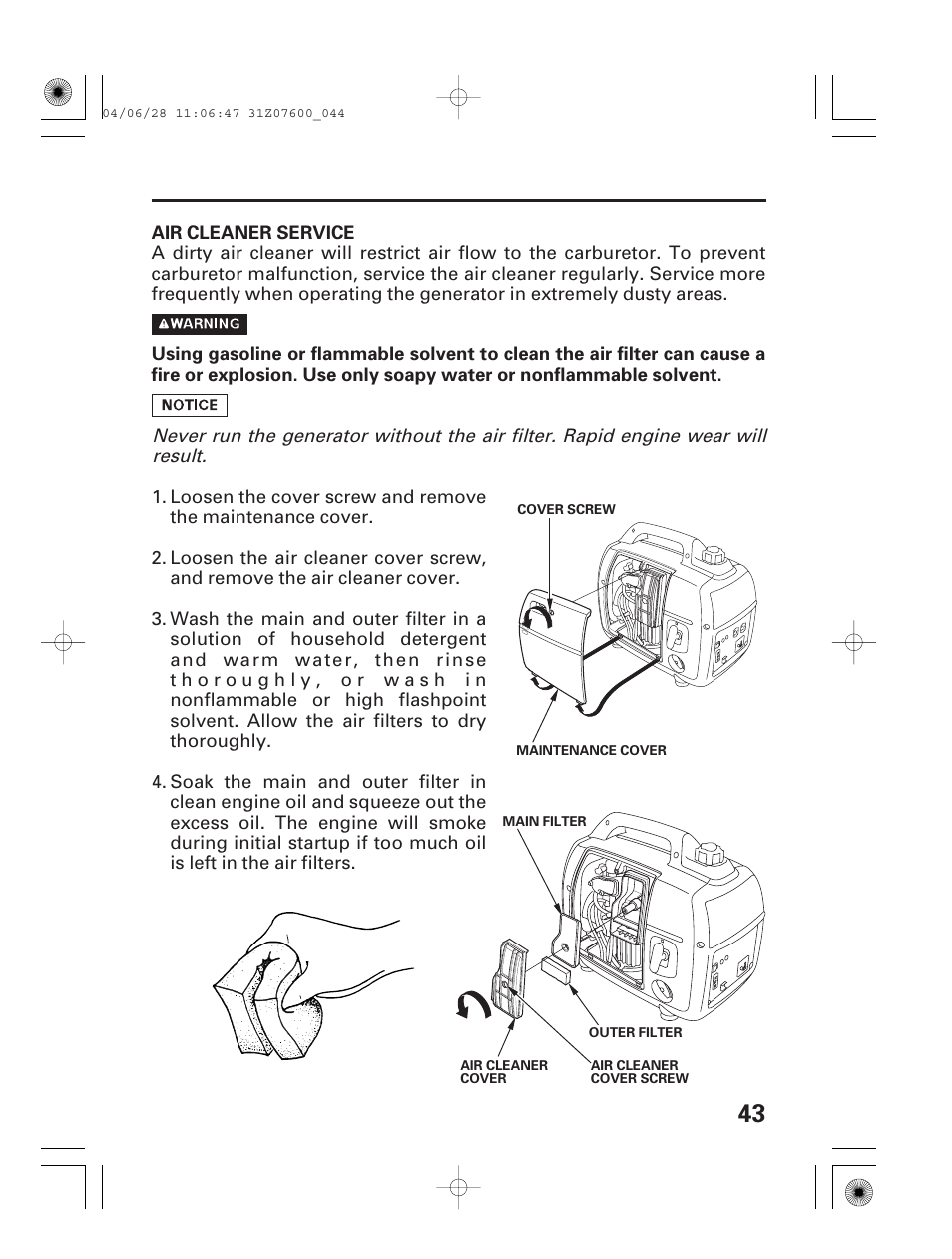 Air cleaner service | HONDA EU2000i User Manual | Page 45 / 63