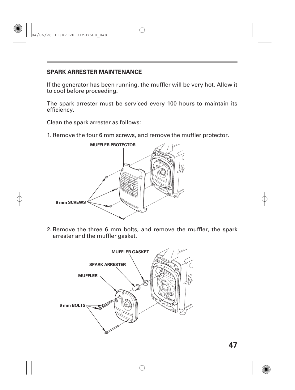 Spark arrester maintenance | HONDA EU2000i User Manual | Page 49 / 63