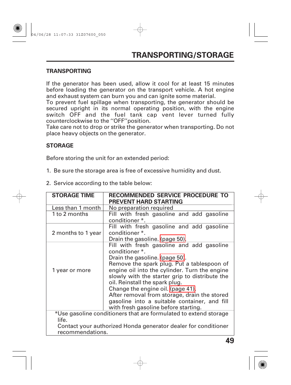 Transporting/storage, 49 transporting/storage | HONDA EU2000i User Manual | Page 51 / 63