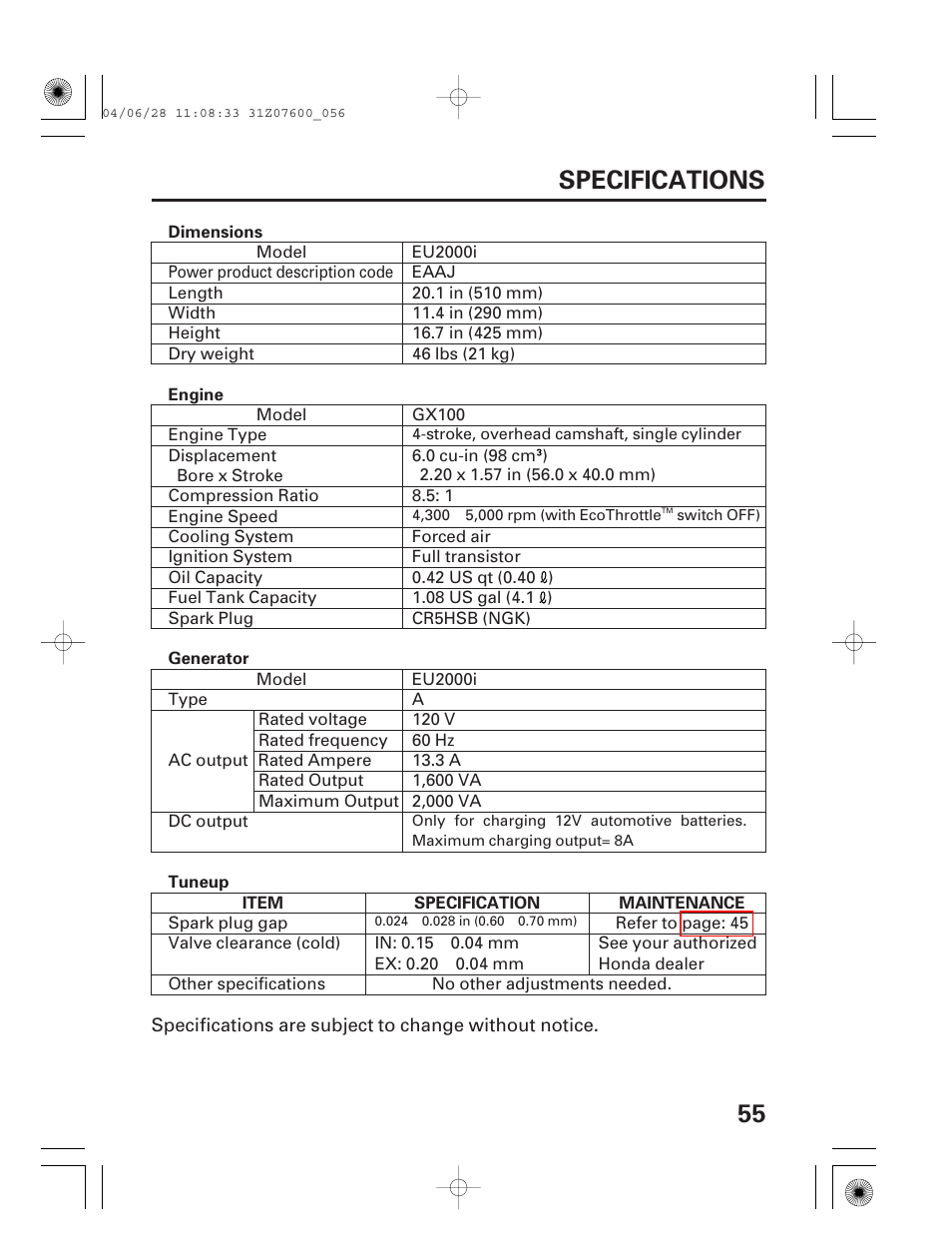 Specifications, 55 specifications | HONDA EU2000i User Manual | Page 57 / 63