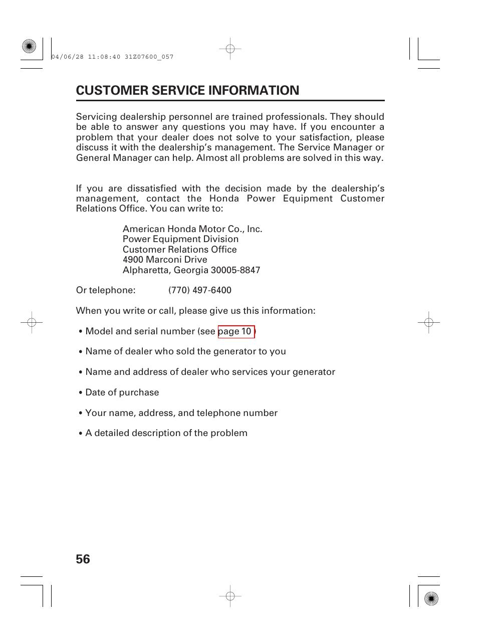 Customer service information, 56 customer service information | HONDA EU2000i User Manual | Page 58 / 63