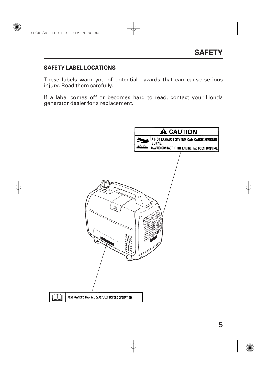 Safety, Safety label locations, 5safety | HONDA EU2000i User Manual | Page 7 / 63