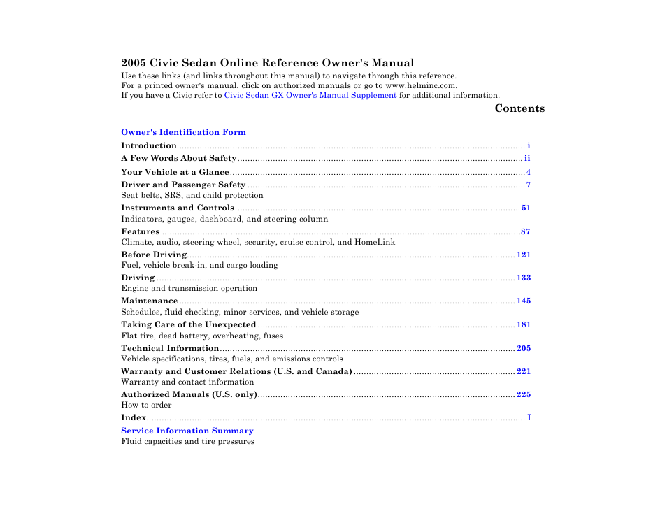 HONDA 2005 Civic Sedan User Manual | 1 page