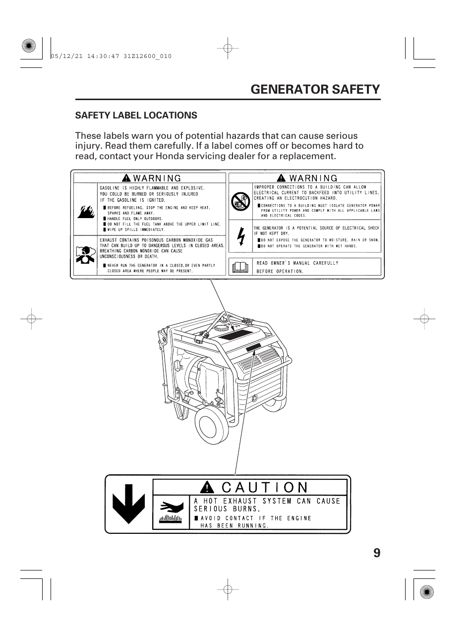 Safety label locations, 9generator safety | HONDA EB7000i User Manual | Page 11 / 92