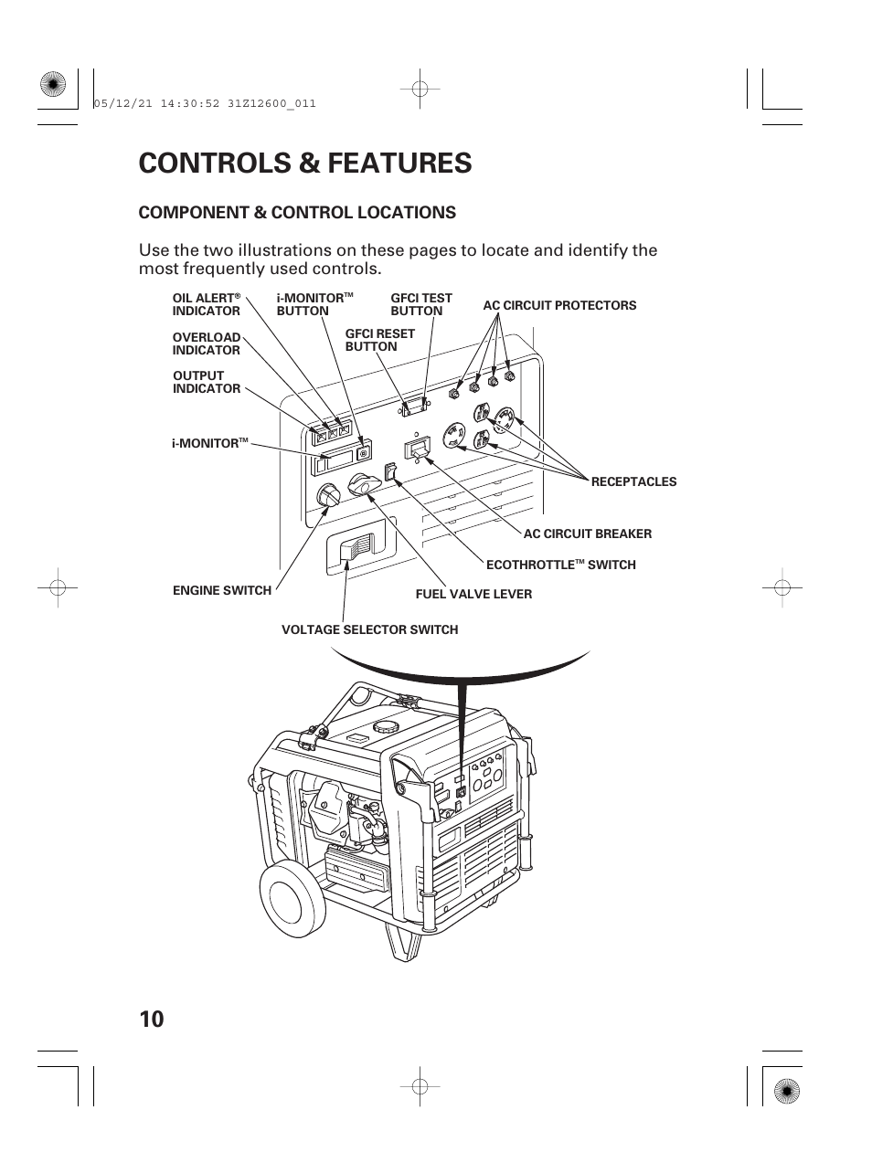 Controls & features, Component & control locations | HONDA EB7000i User Manual | Page 12 / 92
