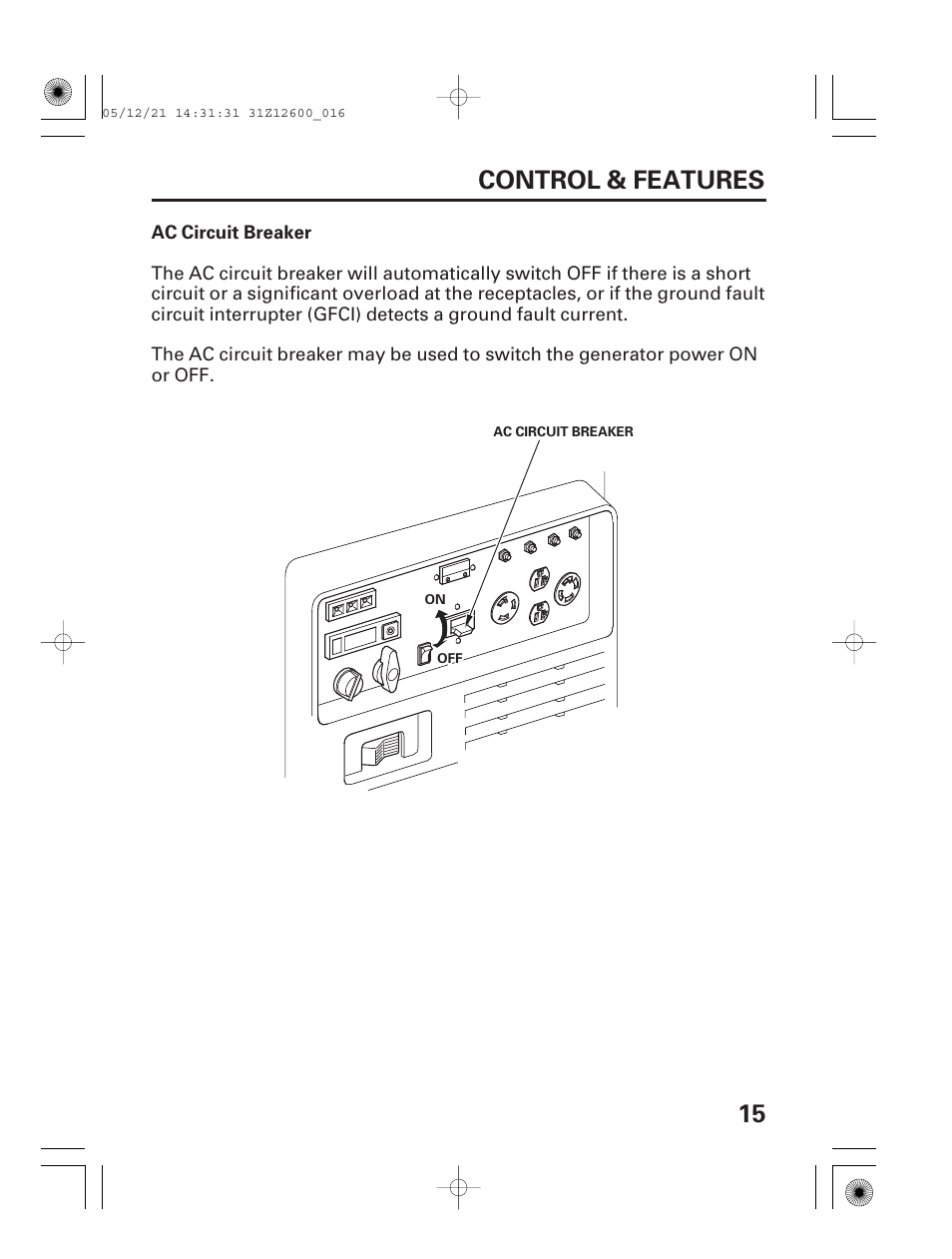 Ac circuit breaker, 15 control & features | HONDA EB7000i User Manual | Page 17 / 92