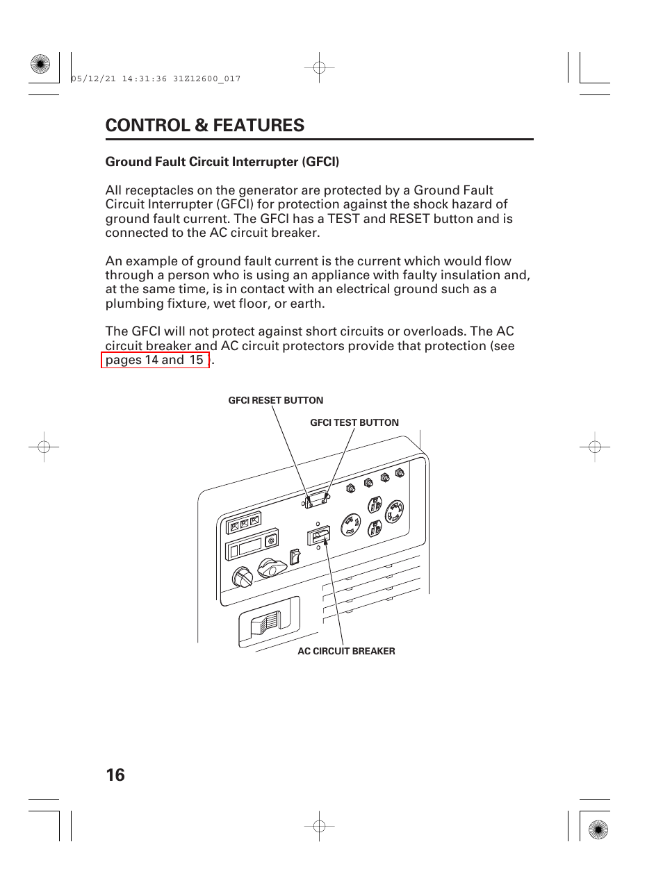 Ground fault circuit interrupter (gfci), 16 control & features | HONDA EB7000i User Manual | Page 18 / 92