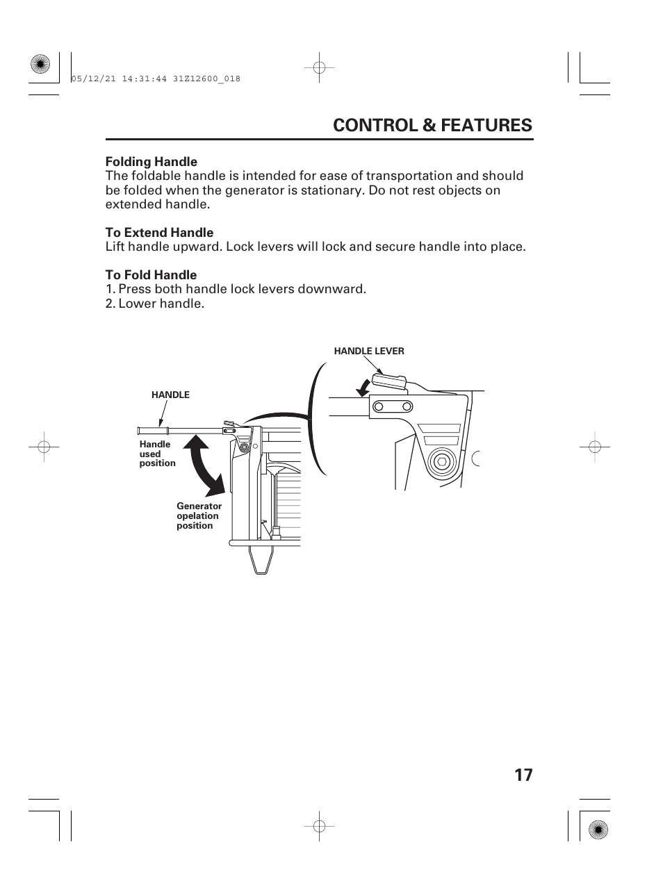 Folding handle, 17 control & features | HONDA EB7000i User Manual | Page 19 / 92