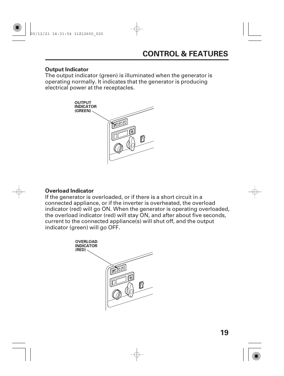 Output indicator, Overload indicator, 19 control & features | HONDA EB7000i User Manual | Page 21 / 92
