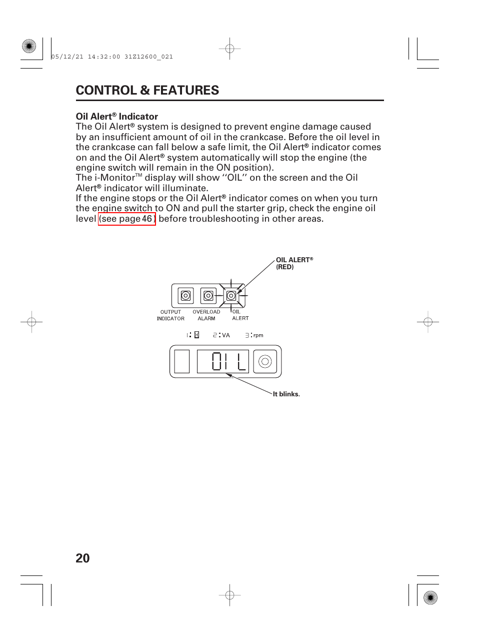 Oil alert® indicator, 20 control & features | HONDA EB7000i User Manual | Page 22 / 92