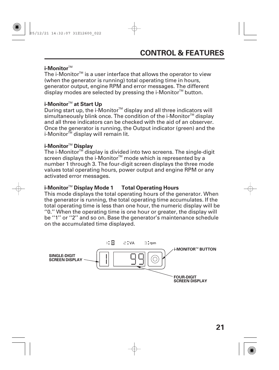 I-monitor, 21 control & features | HONDA EB7000i User Manual | Page 23 / 92