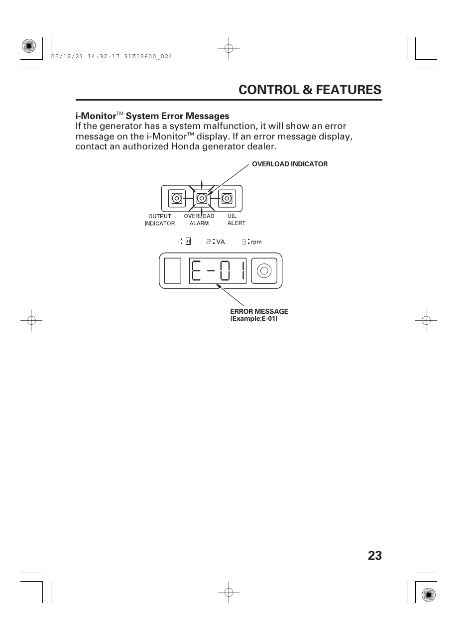 23 control & features | HONDA EB7000i User Manual | Page 25 / 92