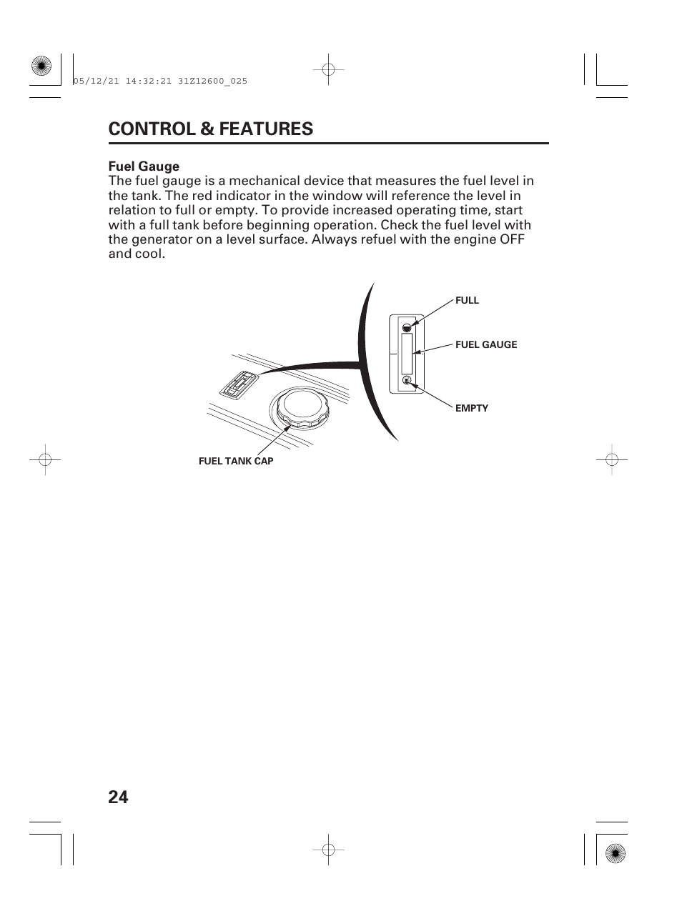 Fuel gauge, 24 control & features | HONDA EB7000i User Manual | Page 26 / 92